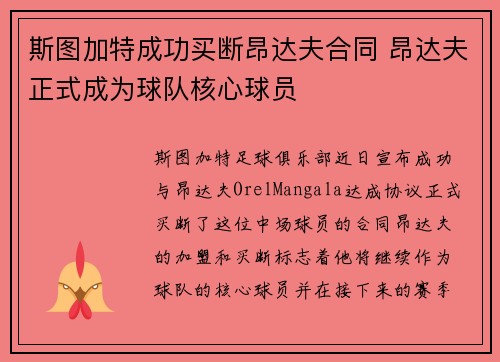 斯图加特成功买断昂达夫合同 昂达夫正式成为球队核心球员