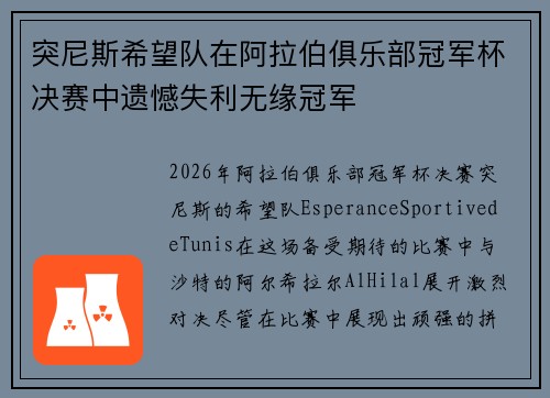 突尼斯希望队在阿拉伯俱乐部冠军杯决赛中遗憾失利无缘冠军 突尼斯希望队在阿拉伯俱乐部冠军杯决赛中遗憾失利无缘冠军